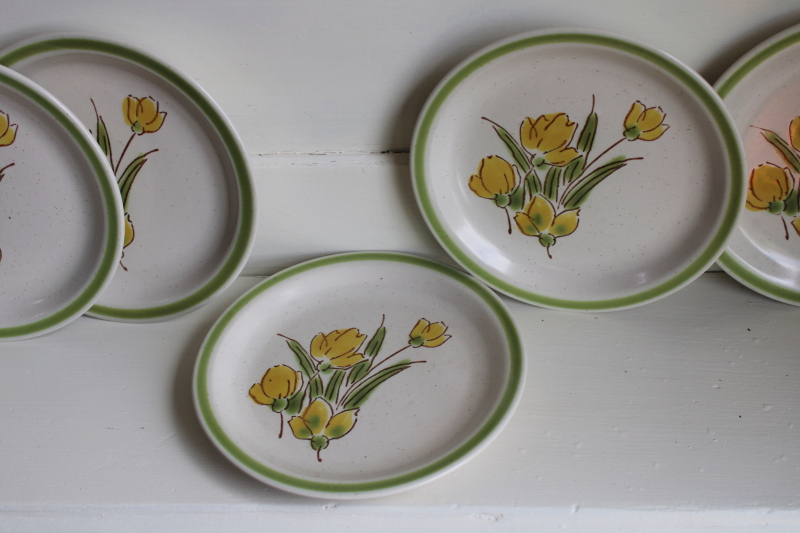 70s vintage Japan stoneware plates, Stonybrook spring flowers yellow crocus or tulips