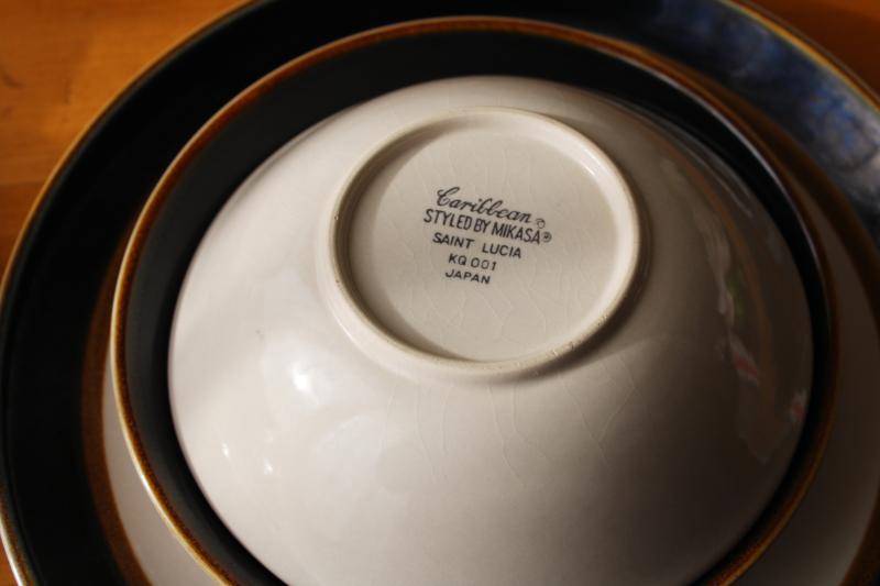 70s vintage Japan stoneware pottery dinnerware set, Mikasa St Lucia blue & brown
