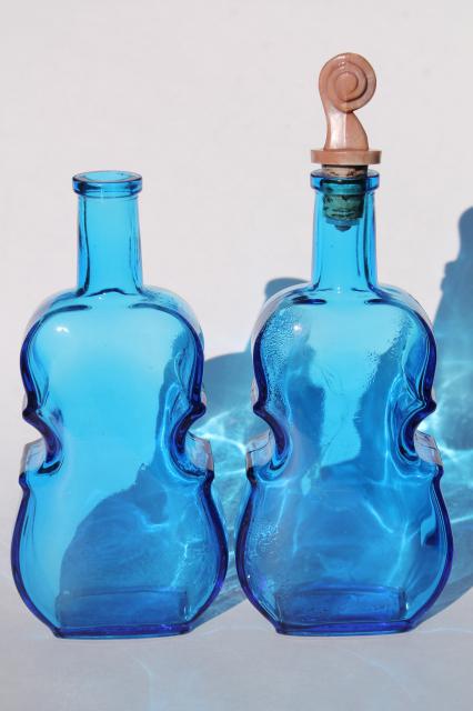 70s vintage Wheaton glass decanters, blue glass violin bottles antique reproductions