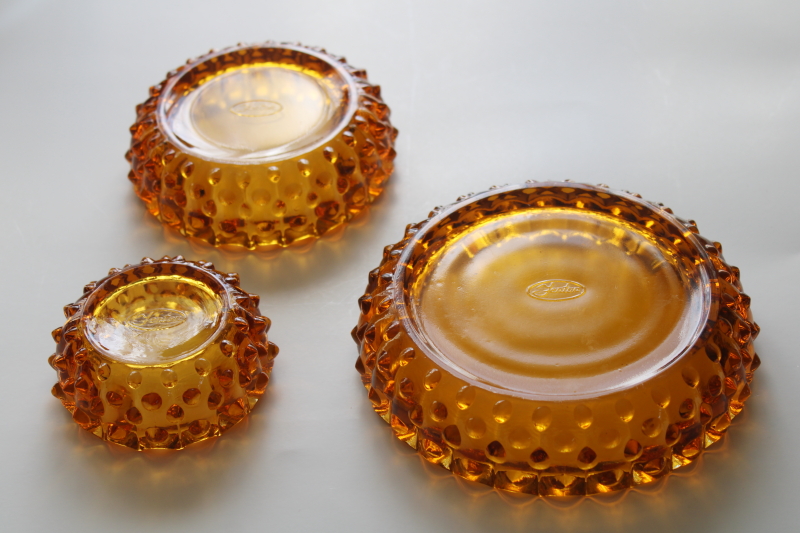 70s vintage amber glass ashtrays, Fenton hobnail glass nesting ashtray set