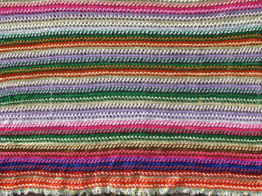 70s vintage broomstick lace crochet afghan, chunky stripes in retro colors