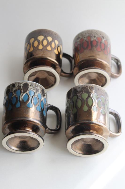 70s vintage coffee cups or mugs, red blue green yellow bronze brown drip pottery