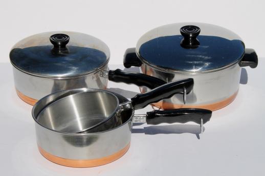 70s vintage copper bottom stainless steel pots & pans set, BY - Korea