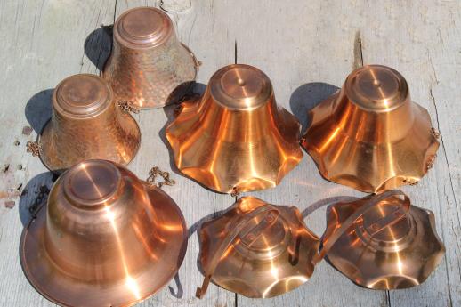 70s vintage copper planters collection, wall hanging window garden flower pots