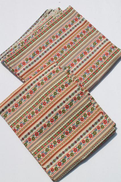 70s vintage cotton print fabric, folk art flowers striped in bright colors