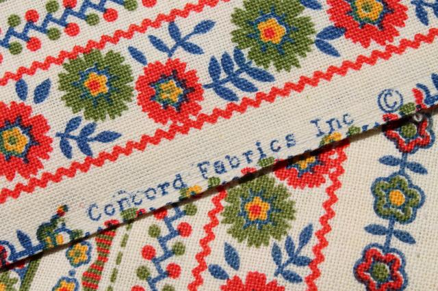 70s vintage cotton print fabric, folk art flowers striped in bright colors