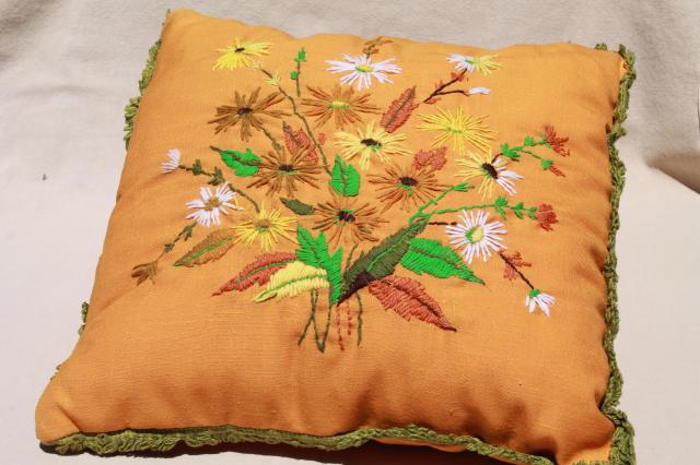 70s Vintage Crewel Embroidery Cushion, Retro Orange Linen W 