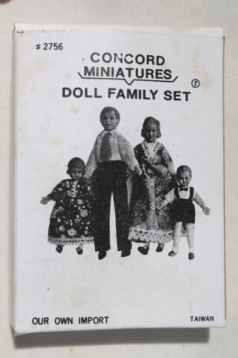 70s vintage dollhouse family, miniature rubber doll house dolls in original box