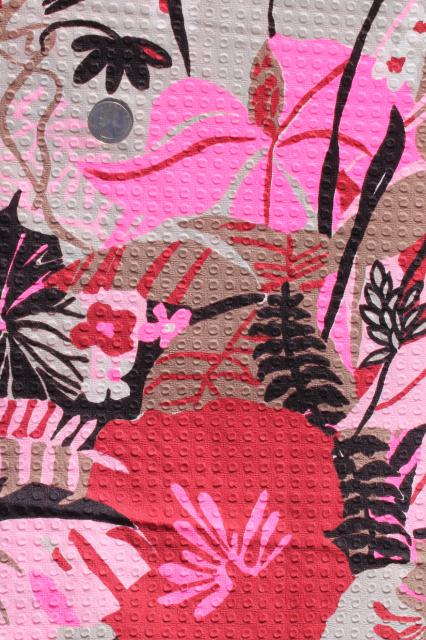 70s vintage fabric, Hawaiian print tropical flowers border cotton plisse pucker texture cotton