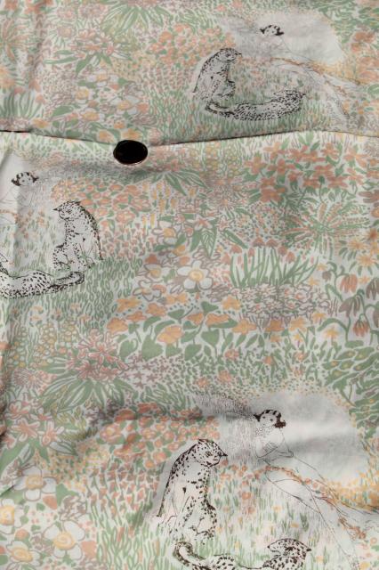 70s vintage fabric, jungle girl & jaguars print silky poly novelty shirting or lining fabric