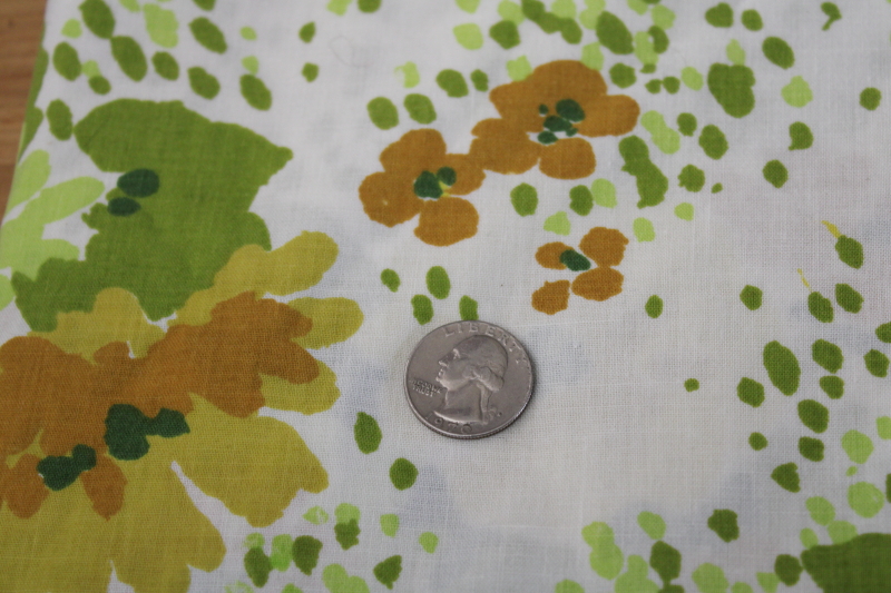 70s vintage flowered bedsheet twin size flat sheet, retro mod floral in shades of gold  lime green