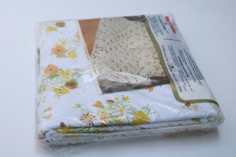 70s vintage flowered print cotton blend bedding, sealed new in package twin flat sheet hippie wildflowers