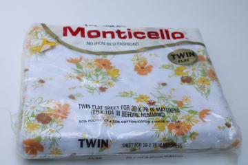 70s vintage flowered print cotton blend bedding, sealed new in package twin flat sheet hippie wildflowers