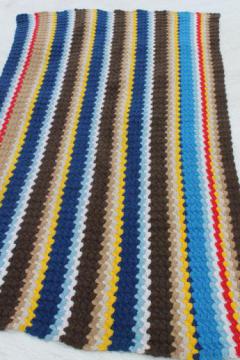 70s vintage handmade crochet rug, boho stripes in retro urban mod colors