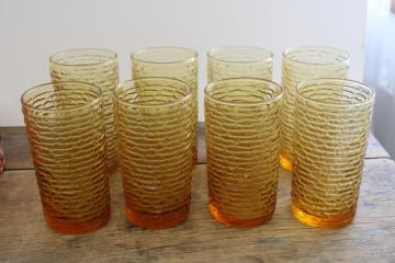 70s vintage harvest gold colored glass drinking glasses, Soreno textured glass tumblers