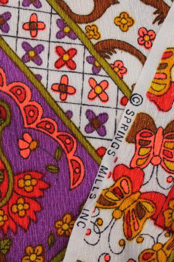 70s vintage hippie boho cotton crinkle fabric, retro patchwork print w/ neon colors