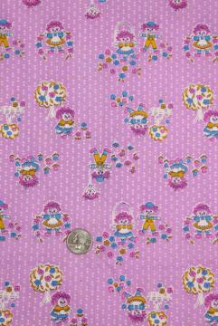 70s vintage quilting weight cotton fabric, Raggedy Ann dolls on lavender purple