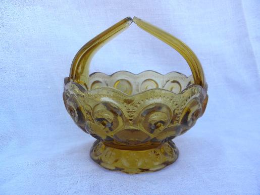 70s vintage reproduction of antique moon & star basket in amber glass