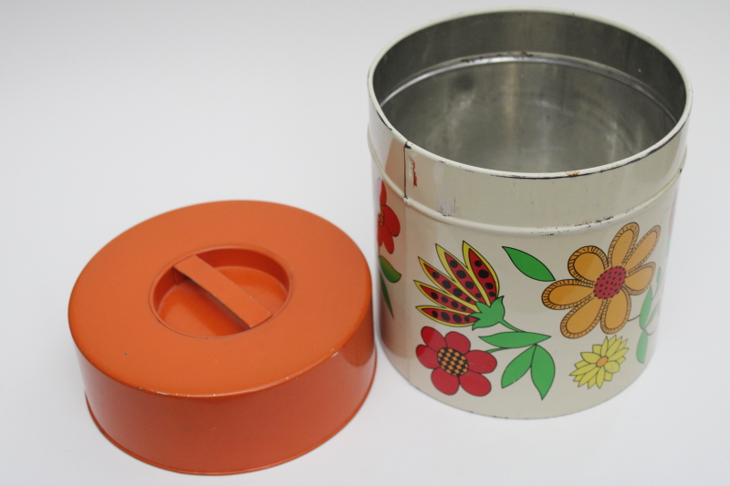 70s vintage tin or cookie jar, bohemian style kitchen canister, retro flowers w/ orange