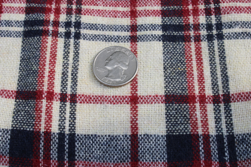 70s vintage wool look acrylic fabric, woven plaid red  blue on ivory white