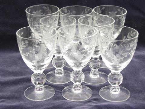 8 etched glass footed sherry or cordial glasses, individual flower vases