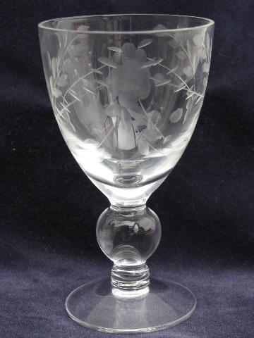 8 etched glass footed sherry or cordial glasses, individual flower vases