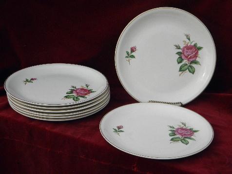 8 old moss rose pattern china dinner plates, vintage USA - Paden City pottery