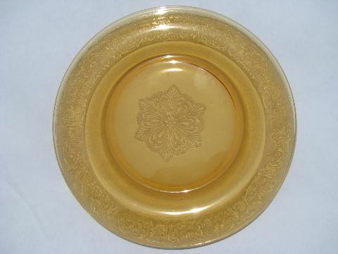 8 vintage amber depression glass salad plates w/ etched floral brocade pattern