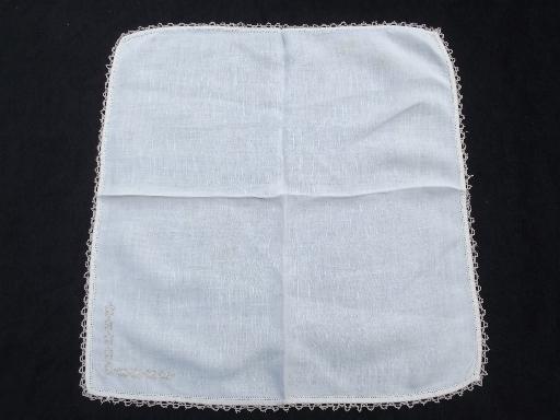 8 vintage dinner napkins, very fine flax handkerchief linen, lace edged