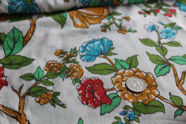 8 yards vintage cotton fabric, chinoiserie floral print peonies on white