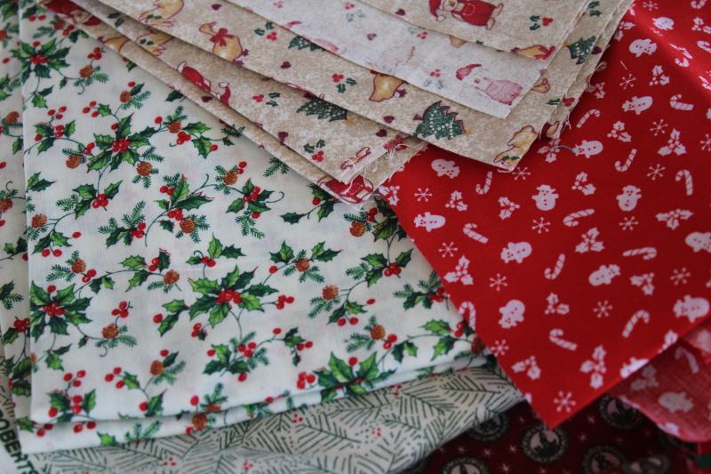 80s 90s vintage Christmas prints quilting weight cotton fabric, large pieces scraps lot