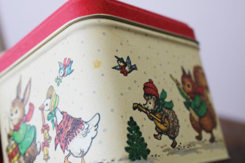 80s 90s vintage Christmas tin canister, forest animals musical marching band parade