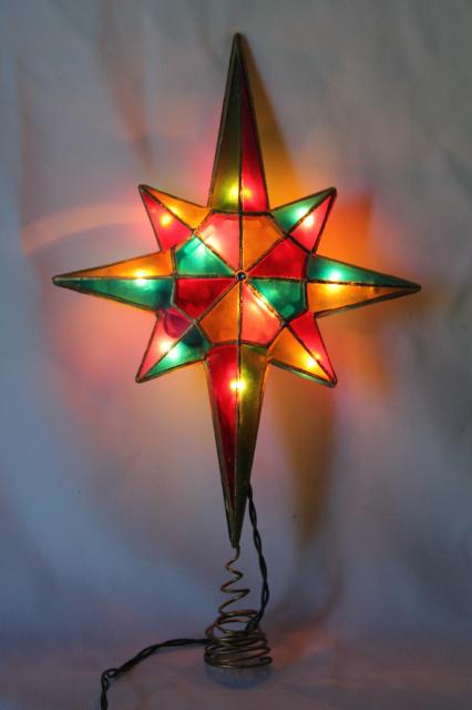 80s 90s vintage Christmas tree topper ornament, lighted star, capiz shell stained glass plastic