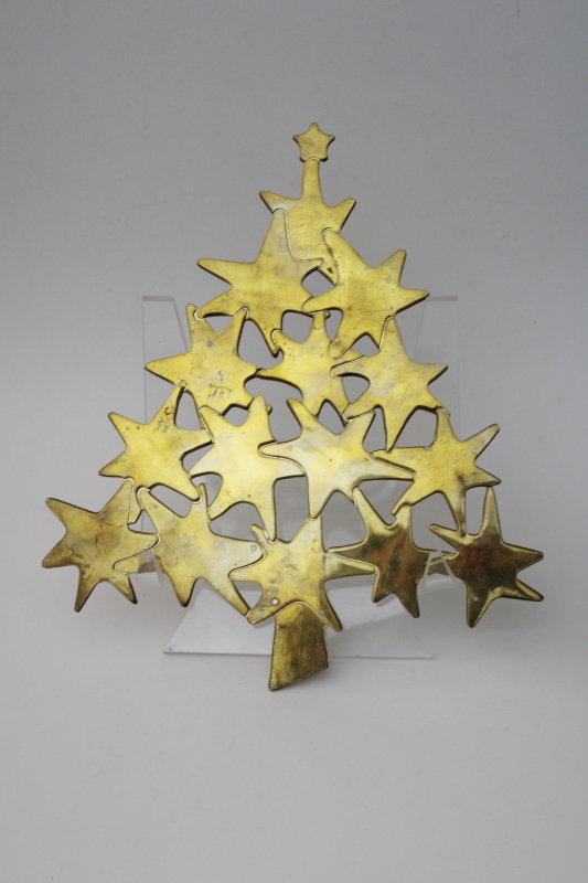 80s 90s vintage brass trivet, Christmas tree made of stars, abstract modern art holiday decor