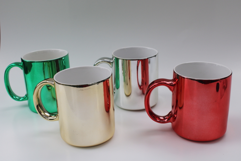 80s 90s vintage ceramic coffee mugs w/ metallic foil colors, set of cups made in Taiwan