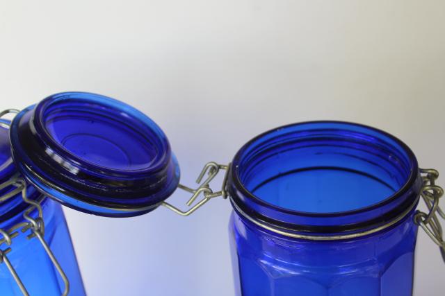 80s 90s vintage cobalt blue glass kitchen canisters, tall french canning jar style