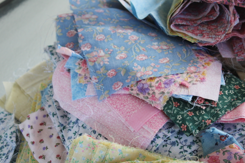 80s 90s vintage patchwork quilt pieces, lot of small blocks  strips pre-cut print cotton fabrics