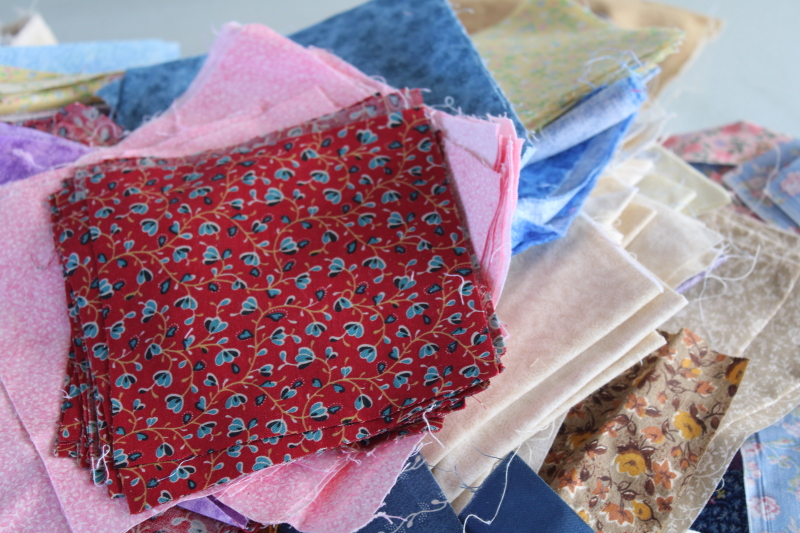 80s 90s vintage patchwork quilt pieces, lot of small blocks  strips pre-cut print cotton fabrics