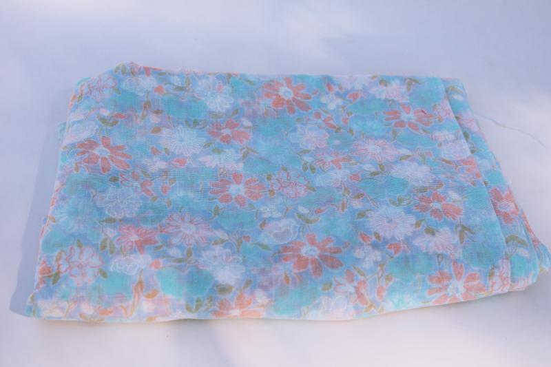 80s 90s vintage sheer cotton fabric w/ watercolor style floral aqua, olive green, coral
