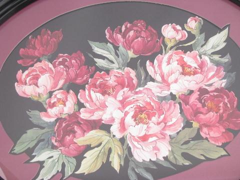 80s deco framed oval floral print, pink peonies w/ black lacquer frame