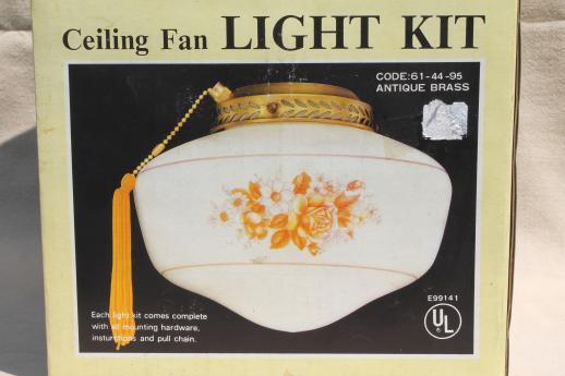 80s new old stock lighting fixtures, ceiling fan lights w/ floral milk glass shades