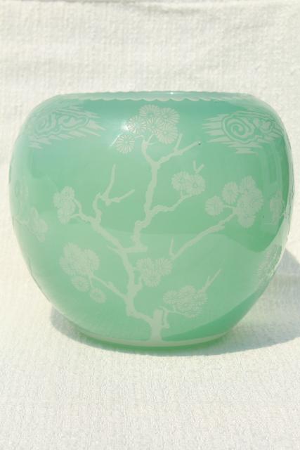 80s vintage Chinese glass vase, urn or gourd jar celadon green glass overlay carved design
