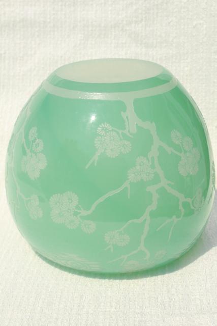 80s vintage Chinese glass vase, urn or gourd jar celadon green glass overlay carved design