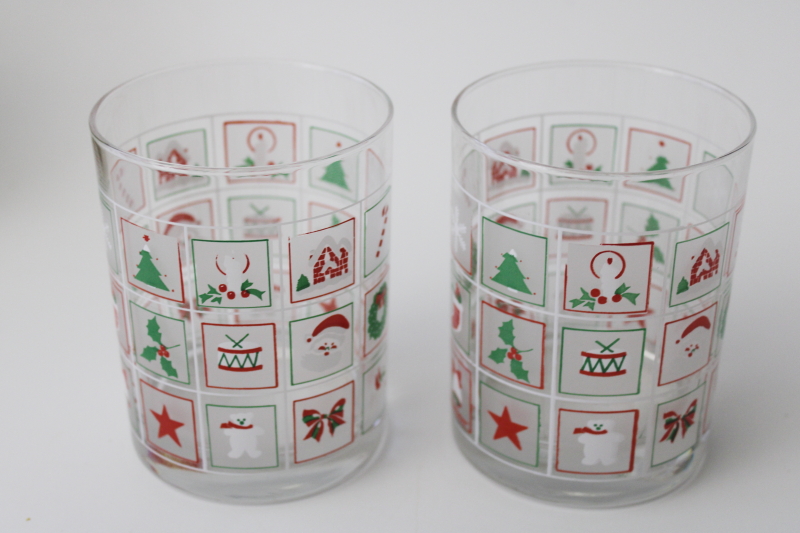 80s vintage Culver double old fashioned glasses, Christmas Potpourri pattern