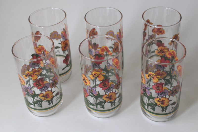 80s vintage Libbey Pansy floral print drinking glasses tumblers set