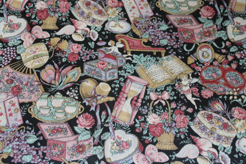 80s vintage Peter Pan cotton fabric, Victorian knick-knacks print on black background