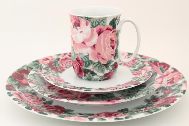 80s vintage Portugal ceramic dinnerware set, Block china Rose Garden pink floral
