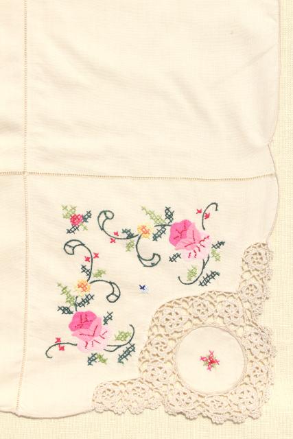 80s vintage applique cotton lace tablecloth & napkins, mint w/ original Chinese label