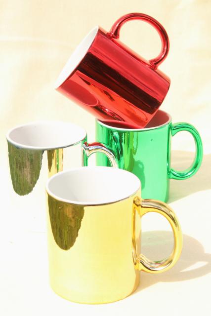 80s vintage ceramic mugs, Christmas red, green, gold, silver metallic foil