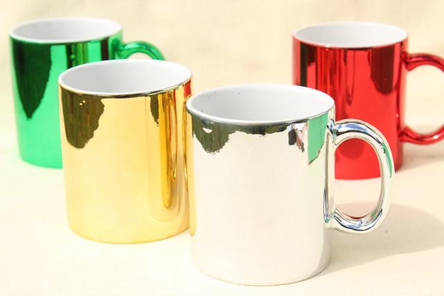 80s vintage ceramic mugs, Christmas red, green, gold, silver metallic foil